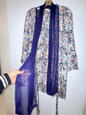 Floral Satin Tie-Waist Robe with Navy Sheer Trim - Women's Intimates